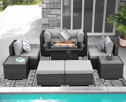 NICESOUL 9 Piece Outdoor Patio Sofa Set with Fireplace Natural Gas/Propane, 29.3'' High Back Comfy Sectional, Oversized Deep Seating Wicker Conversation, XL Big Outside Furniture for Backyard, Gray