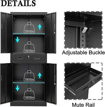 BESFUR Metal Cabinet, Garage Storage Cabinet with Drawer and Adjustable Shelves for Garage, Office, School - Black