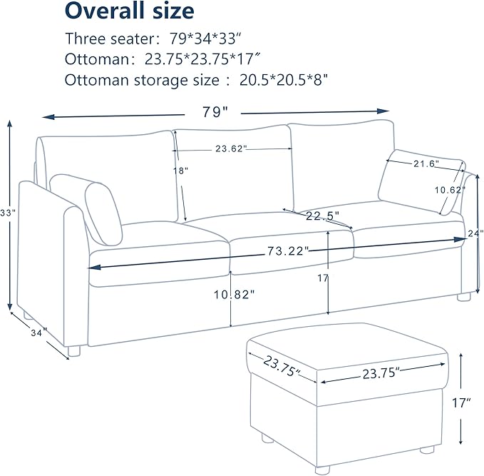 79" Small Couches with Storage Ottoman 3 Seat L Shaped Couch Sectional Sofa with Chaise Lounge for Apartment,Dorm,Bonus Room,Compact Spaces. (Beige, 3+OTT)