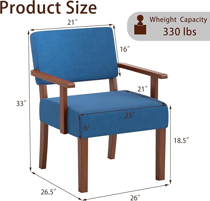 KOMFOTT Upholstered Accent Chairs Set of 2, Mid-Century Modern Armchair with Rubber Wood Frame, Linen Living Room Chairs with Padded Seat & Backrest, Reading Chair for Bedroom, Waiting Room, Blue