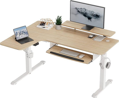 EUREKA ERGONOMIC Standing Desk Adjustable Height 61" Electric Sit Stand Computer Desk L Shaped with Keyboard Tray,Monitor Stand &LED, Dual Motor Memory Presets Sit to Desk Adjustable Desk, Left/Maple
