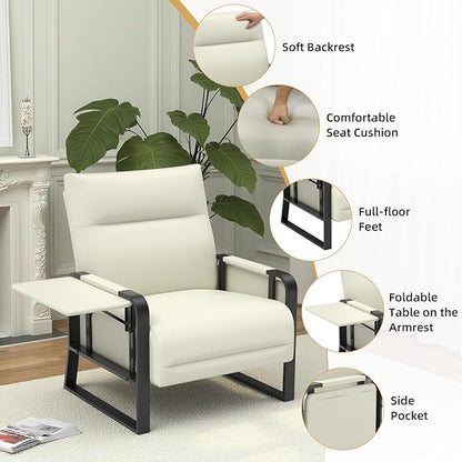 Faux Leather Accent Chairs Set of 2 with Flip Up Tray Tables Soft Backrest for Living Room Office Bedroom Modern Accent Chairs, Beige