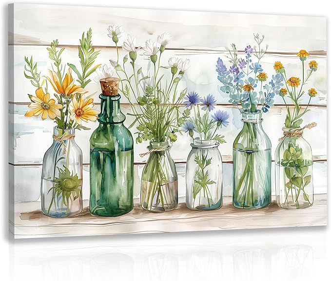 HLXRAE Green Bathroom Wall Art, Vintage Rustic Farmhouse Wall Decor, Watercolor Floral Canvas Painting, Sage Green Plant Aesthetic Picture for Bathroom Laundry Room Decor 16x24 inch