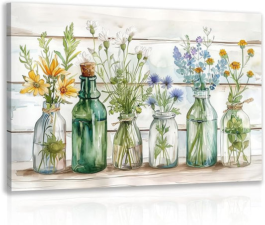 HLXRAE Green Bathroom Wall Art, Vintage Rustic Farmhouse Wall Decor, Watercolor Floral Canvas Painting, Sage Green Plant Aesthetic Picture for Bathroom Laundry Room Decor 12x16 inch