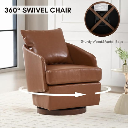 CIMOTA PU Leather Swivel Accent Chairs Set of 2, Modern Barrel Armchairs with 360° Swivel Base and Pillow, Upholstered Club Chairs for Living Room/Reading/Office, Brown