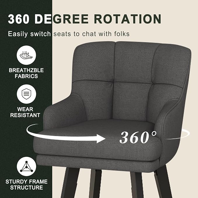 360°Swivel Counter Height Bar Stools with Back, 30 inch Solid Wood Legs, Bar Stool Modern Kitchen Island Chairs, Fabric (Black Grey- Fabric, 30" H- Set of 2)