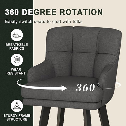 360°Swivel Counter Height Bar Stools with Back, 30 inch Solid Wood Legs, Bar Stool Modern Kitchen Island Chairs, Fabric (Black Grey- Fabric, 30" H- Set of 2)