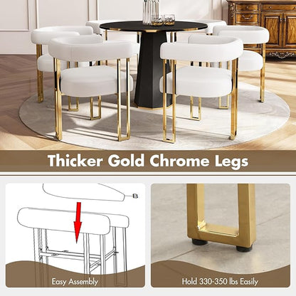 Beige and Gold Modern Dining Chairs Set of 6, Velvet Upholstered Barrel Armchairs with Metal Legs for Kitchen Island, Mid Century Accent Chairs for Dining Room Living Room, Open-Back