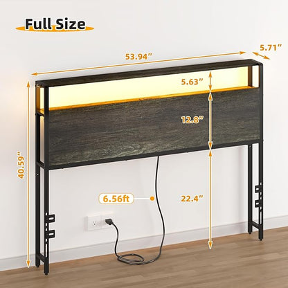 Full Sized Headboard with 2 Tiers Storage Shelves, Sturdy and Stable Headboard with Charging Station, USB Ports and LED Light for Full Bed Frame, Black Oak