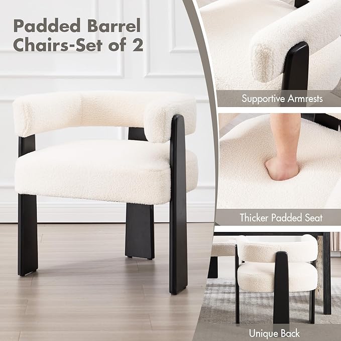 Modern Boho Dining Chairs Set of 2, White Boucle Upholstered Barrel Armchairs with Plush Teddy Fabric, Solid Black Wooden Legs, Mid-Century Accent Chairs for Dining Room, Living Room, Kitchen