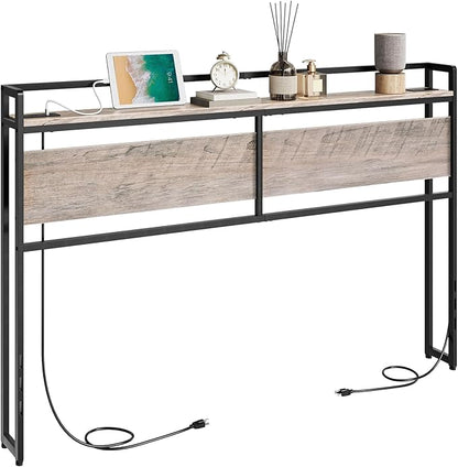 HOOBRO Full Size Headboard, Headboard with 2 Outlets and 4 USB Ports, Adjustable Height, Storage Rack, Sturdy and Stable, Easy Assembly, Greige and Black