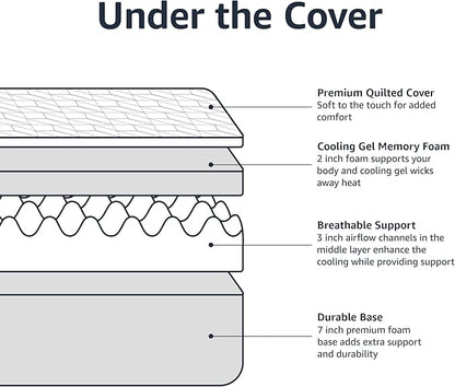 Amazon Basics Gel Memory Foam Mattress, Firm, Cooling, King Size Mattress, CertiPUR-US® Certified Foam, 80 x 76 x 12 inches, White/Dark Gray