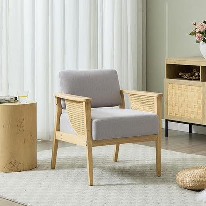 Mid Century Modern Accent Chair Set of 2, Rattan Armchair with Wood Legs Living Room Chair Linen Upholstered Lounge Chair for Bedroom Reading Room, Grey