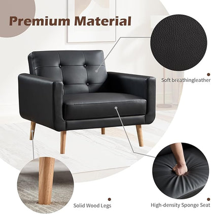 CANMOV 29" W Oversized Leather Accent Chair, Armchair Button Back, Mid Century Modern Accent Chairs for Living Room, Modern Upholstered Bed Room Chair Cozy Armchair with Wood Legs, Black