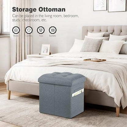 Ottoman with Storage, 61L Slim Tall Linen Footstool Bench with Thicker Foam Padded Seat. Ottoman Foot Rest for Living Room, Bedroom, Coffee Table. 350lbs Load Capacity, 17x13x17in, Light Gray