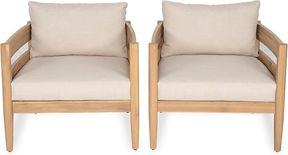 Christopher Knight Home Annie Acacia Wood Outdoor Chairs Set of 2, Patio Lounge Chair Outdoor with Slatted Back, Accent Chair with Cushions, Stylish Armchair for Balcony/Garden, Beige + Light Teak