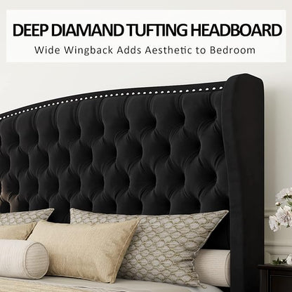 AMERLIFE Queen Size Platform Bed Frame, Velvet Upholstered Bed with Deep Button Tufted & Nailhead Trim Wingback Headboard/No Box Spring Needed/Black