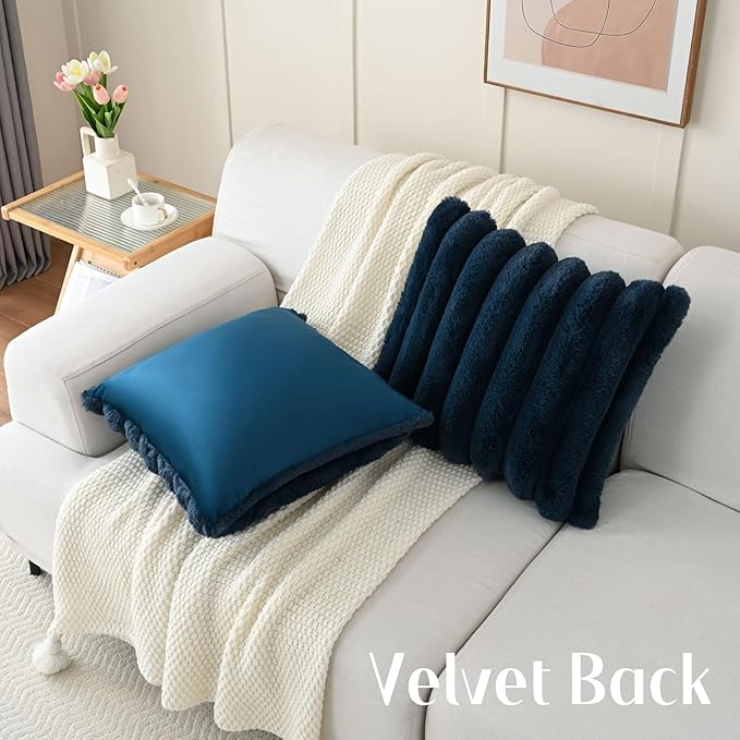FUTEI Navy Blue Decorative Throw Pillow Covers 26x26 Inch Set of 2, Square Soft Faux Rabbit Fur Thick Striped Euro Pillow Shams,Winter Home Decor for Couch Bed Living Room