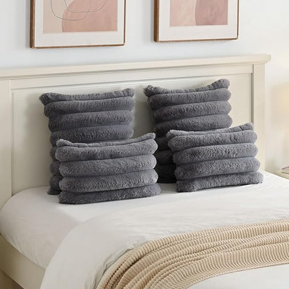 FUTEI Grey Decorative Throw Pillow Covers 12x20 Inch Set of 2, Square Soft Faux Rabbit Fur Thick Striped Lumbar Pillow Case,Winter Home Decor for Couch Bed Living Room