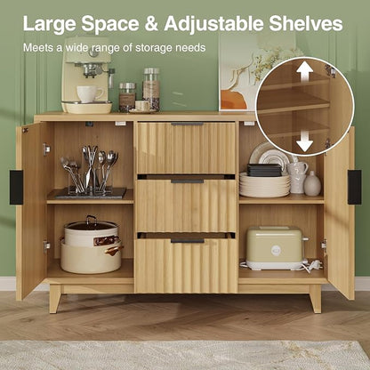 47.2" W Storage Cabinet with 3 Drawers, Fluted Buffet Cabinets with Storage, Large Sideboard with 2 Door, Modern Mid Century TV Stand Coffee Bar Furniture for Living Room, Kitchen, Entryway