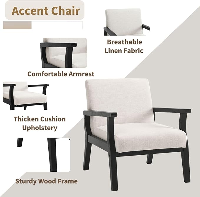 HNY Mid Century Modern Accent Chairs Set of 2 with Black Wood Frames, Linen Upholstered Living Room Arm Chairs for Living Room, Bedroom, Ivory