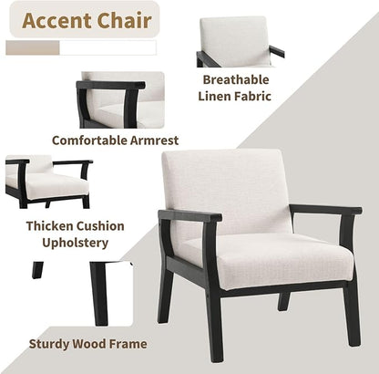 HNY Mid Century Modern Accent Chairs Set of 2 with Black Wood Frames, Linen Upholstered Living Room Arm Chairs for Living Room, Bedroom, Ivory