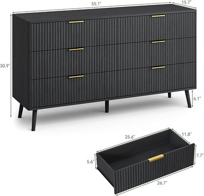 LYNSOM Fluted Dresser and Nightstand Set, 3 Pieces Bedroom Set, 55 Inch Wide 6-Drawer Dresser & 2-Drawer Nightstands Set of 2, Modern Dressers Set for Bedroom, Hallway, Black
