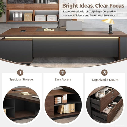 L-Shaped Executive Desk with LED Lights, Lockable Storage & 3-in-1 Charging Station, Reversible Cabinet, Modern Wood Office Desk for CEO, Manager & Home Office(Red Walnut+Black, 87"L*71"W*30"H)