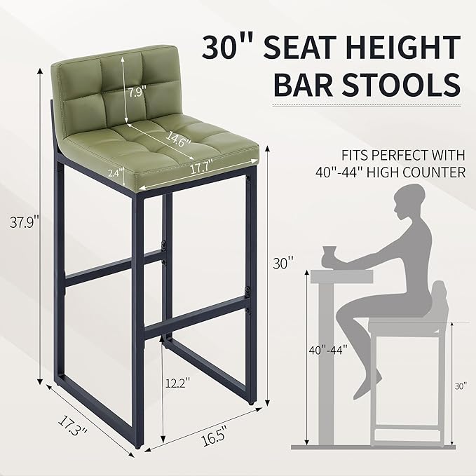 Bar Stools Set of 3, Modern Tall Counter Height Barstools with Back and Thickened Metal Legs, 30" Faux Leather Bar Chairs for Kitchen Island, Bar, Counter (Avocado Green, 3Pcs 30" Bar Stools)