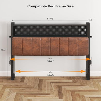 VINGLI Queen Size Headboard Only, Adjustable Upholstered Headboard with 2 Tier Shelves and Pegboard with Charging Stations and LED Lights, Modern Bed Headboard with Storage for Bedroom Decor