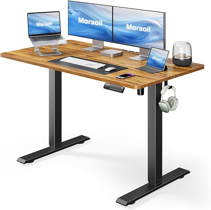 Marsail Electric Standing Desk – 48×24 Inch Adjustable Height Desk for Home & Office, Equipped with 4 Memory Presets, Headphone Hook & Cable Organizer, Rustic Brown Finish