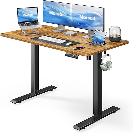 Marsail Electric Standing Desk – 48×24 Inch Adjustable Height Desk for Home & Office, Equipped with 4 Memory Presets, Headphone Hook & Cable Organizer, Rustic Brown Finish