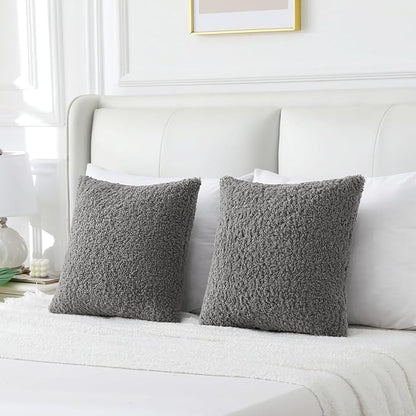FUTEI Dark Grey Throw Pillow Covers 20x20 Inch Set of 2,Furry Faux Fur Teddy Boucle Textured Cushion Covers,Soft Fluffy Decorative Pillow Case,Home Decor for Couch Bed Living Room Office Car