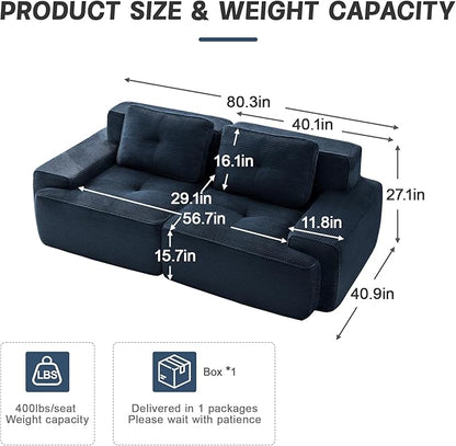 80.3” Blue Boneless Couches for Living Room, Modular Sectional Sofa, 2 Seater Comfy Upholstered Loveseat Deep Seat Corduroy Fabric Cloud Couch No Assembly, Anti-Slip Design