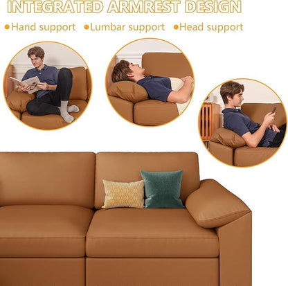 EASE MOOSE Modular Sectional Sofa, Oversized Faux Leather Sectional with Ottoman, Wide Deep Modular Couch, Scratch Resistant Faux Leather Material, U Shaped Couch for Big Spaces, Brown