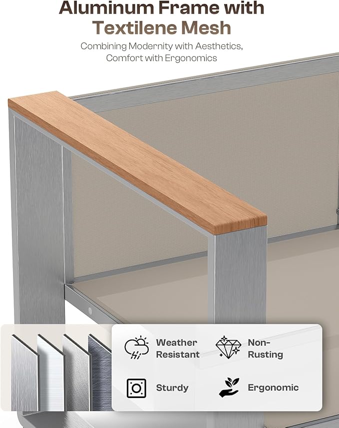 Aluminum Outdoor Furniture Set, 4 Seats Outdoor Patio Conversation Sets with Ergonomic Seat and Wide Washable Thick Cushions, Modern Patio Sectional Furniture for Balcony, Porch (Teak-Gray)
