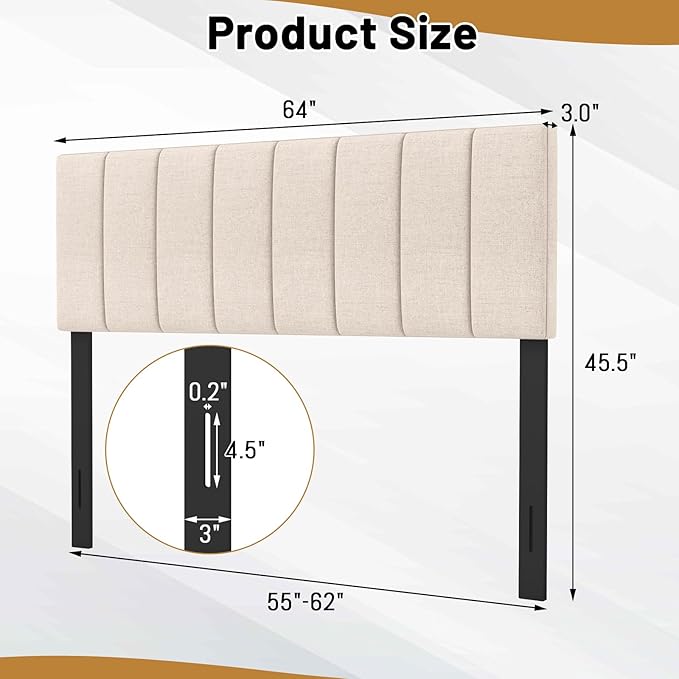 KOMFOTT Linen Upholstered Headboard for Full & Queen Size Bed, Vertical Channel Tufted Rectangular Headboard with Solid Wood Legs & Adjustable Width, Padded Bed Backboard, Easy Assembly, Beige
