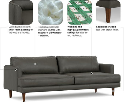 SIMPLIHOME Livingston 90-inch Wide Sofa in Coal Top Grain Genuine Leather, Handcrafted Mid-Century Modern Couch for Living Room, Large 3-Seater with Feather-Wrapped Cushions and Solid Wood Frame