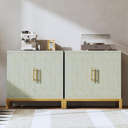 HLR Accent Cabinet with Gold Trim Set of 2,Storage Cabinet with 2 Doors,Modern Wooden Sideboard for Living Room, Kitchen, Office and Hallway(Green)