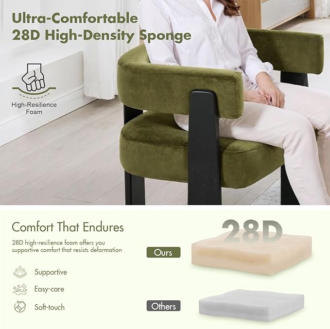 Modern Dining Chairs Set of 6, Upholstered Velvet Barrel Accent Chairs with Backrest & Arms, Wide and Thicker Padded Kitchen Side Chair with Wooden Legs for Dining Room, Livingroom, Dark Green