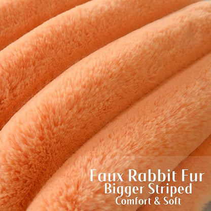 FUTEI Orange Decorative Throw Pillow Covers 20x20 Inch Set of 2, Square Soft Faux Rabbit Fur Thick Striped Cushion Cover,Winter Home Decor for Couch Bed Living Room