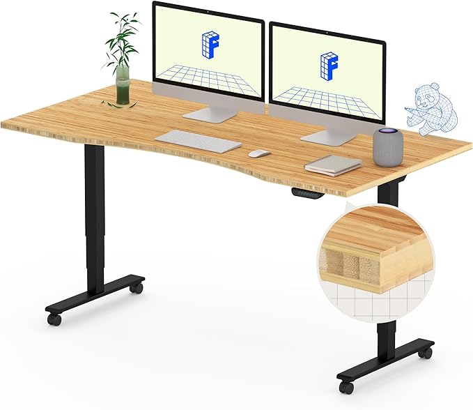 FLEXISPOT E6 MAX Bamboo 55x28 Inch Dual Motor 3-Stage Heavy Duty Standing Desk, 330lbs Weight Capacity, Height Adjustable Desk w/Cable Management & Wheels (Solid Bamboo Curved Desktop + Black Frame)