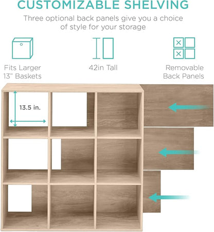 Best Choice Products 9-Cube Storage Organizer, 13.5in Shelf Opening, Bookcase, Display Shelf, Customizable w/ 3 Removable Back Panels – Light Oak