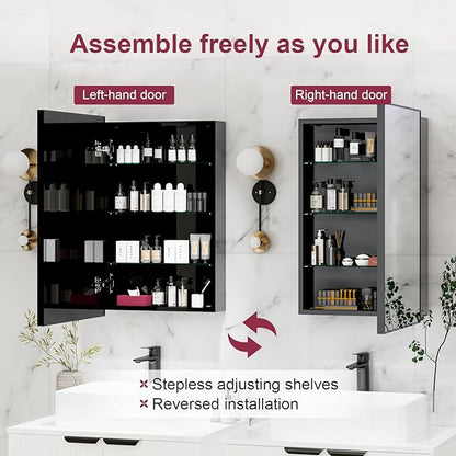 Black Medicine Cabinet Mirror, 17x30 Inch Bathroom Mirror with Storage and Adjustable Shelves, Recessed or Surface Wall Mount Medicine Cabinets for Bathroom,Tempered Glass