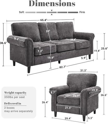 Kingfun 3 Seater Couch with Chair, Mid Century Modern Sofa Set with Rolled Arms and Deep Seats, Fluffy Comfort for Living Room, Apartment, Easy Assembly, Grey