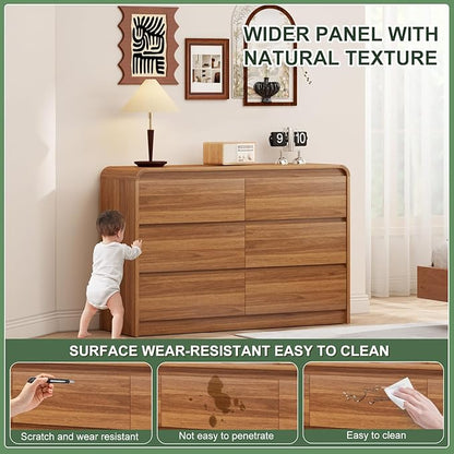 47 Inch Dresser For Bedroom 6 Drawer Wood Chest of Drawers - Curved Anti Collision, Mid Century Dresser For Closet with Natural Texture & Pre-Embedded Slots for TV Stand, Living Room, Nursery