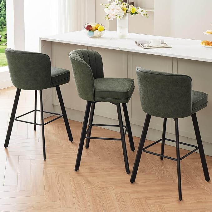 Swivel Counter Height Bar Stools Set of 3, 30'' Modern Barstools with Backs and Metal Legs, Upholstered Bar Chairs, Faux Leather Green Stools for Kitchen Island Chairs
