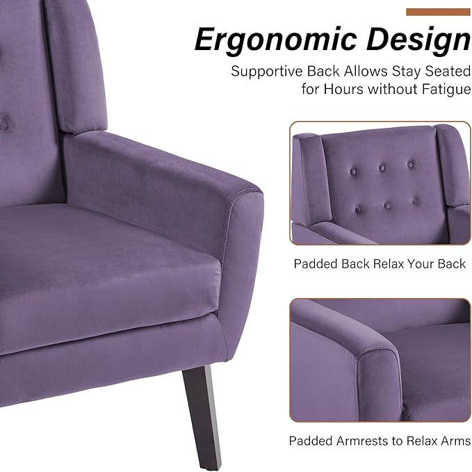 Lumibee Accent Chairs Set of 2, Velevet Fabric Armchairs for Living Room, Comfy Upholstered Arm Chairs Tufted for Indoor Bedroom Office Room (Purple Velvet)