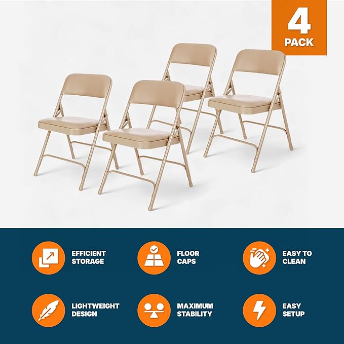 OEF Furnishings OEF1200 Series Premium Heavy Duty Vinyl Padded Folding Chairs, Commercial Grade 500 lb Capacity (4-Pack, French Beige)