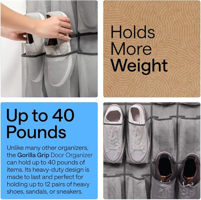 GORILLA GRIP Over the Door Shoe Organizer, 12 Large Breathable Mesh Pockets, Space Saving Hanging Storage Holder, 2 Hook Closet Rack Hanger, Hangs on Closets for Shoes, Accessories, 64H x 9.5W Gray